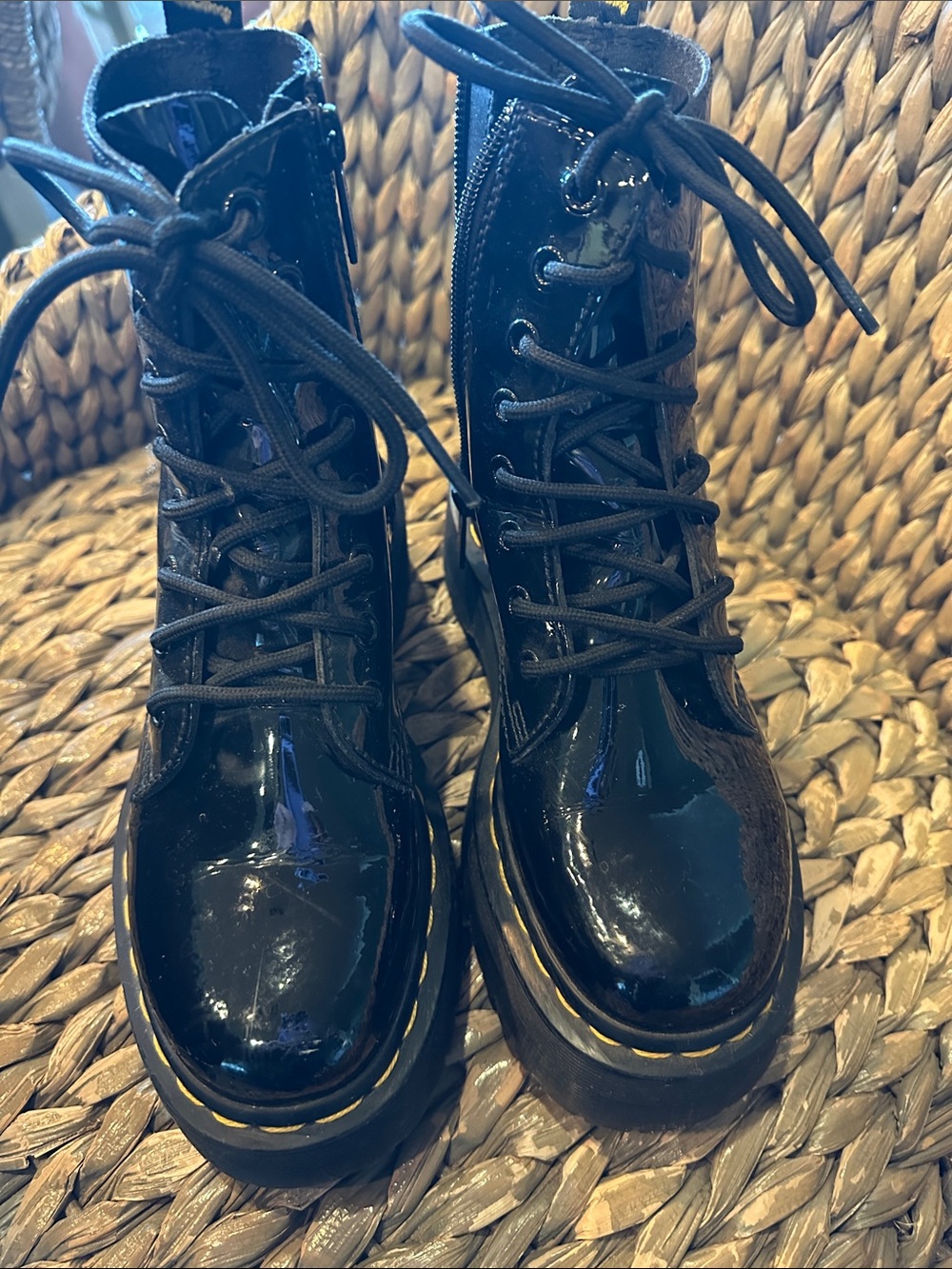 Dr. Martens Black Patent Lace-Up Combat Boots with Yellow Stitching